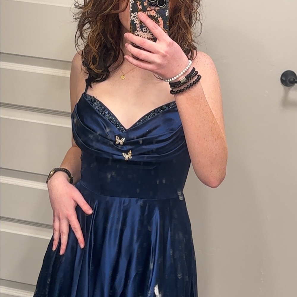 Elegant Navy Blue Satin Dress